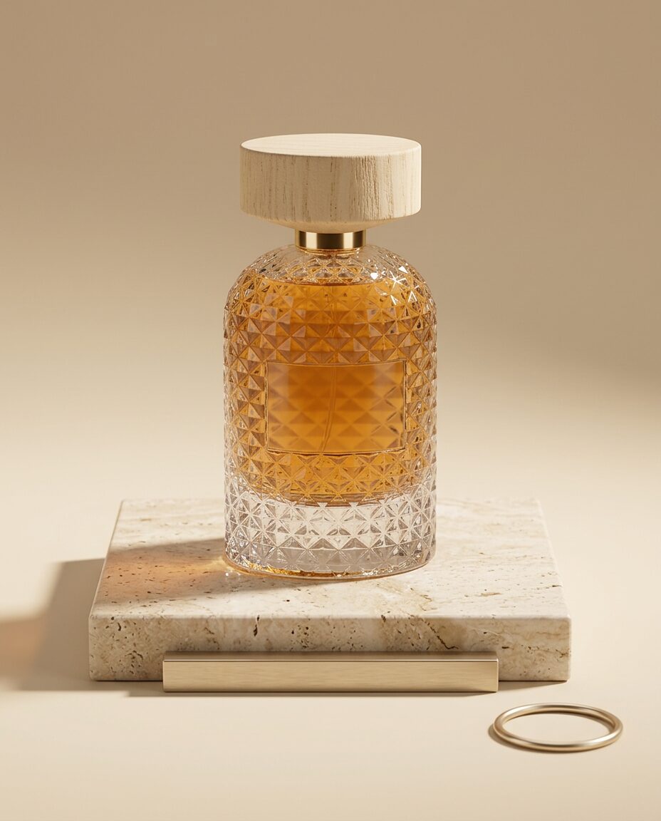 LAVANI Eau de Parfum — faceted clear-glass bottle with amber fragrance, gold collar and pale wood cap, on an ivory travertine plinth