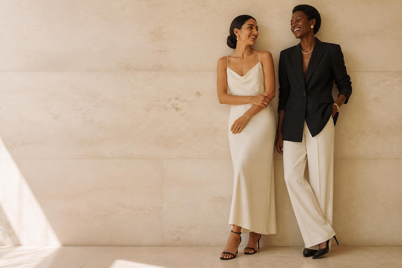 Two AMERRA characters in ivory and noir tailoring against a warm travertine wall