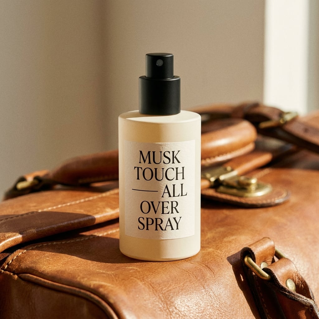 MEROO Musk Touch All Over Spray — ivory bottle with a black mist cap resting on tan leather luggage