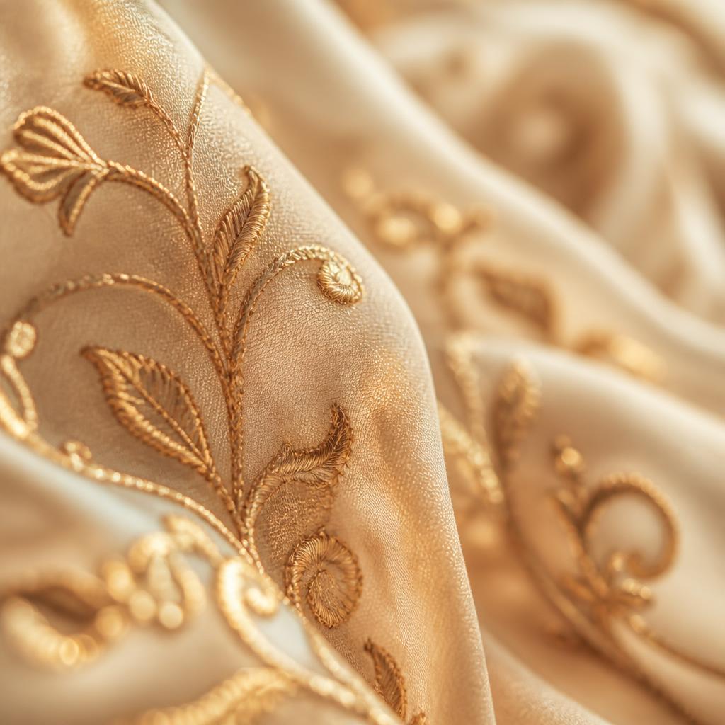 Close-up of ivory silk with gold embroidery — hand-finished craftsmanship