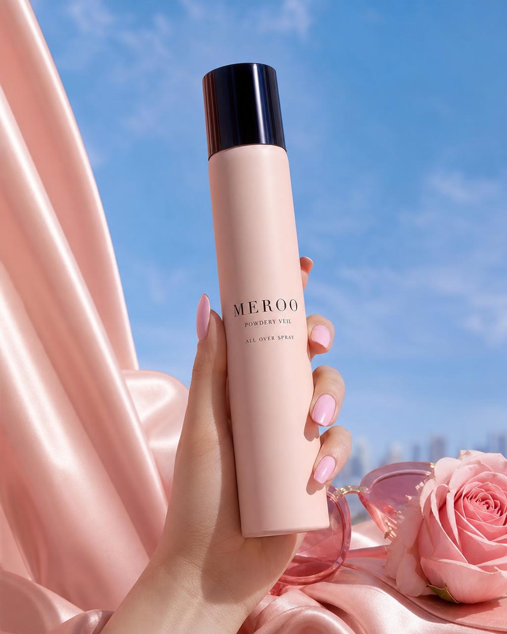 MEROO Powdery Veil All Over Spray — pink bottle with black cap against a blue sky with blush satin